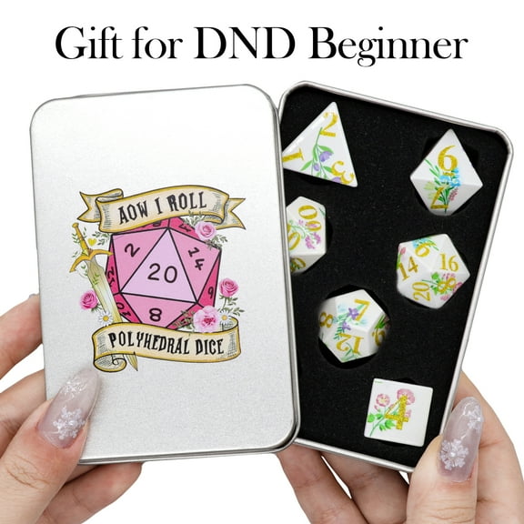 SWAJUJA DND Dice Set, 7 Piece Sharp Edge Polyhedral Dice with Metal Box, Floral Theme Design for Dungeons and Dragons