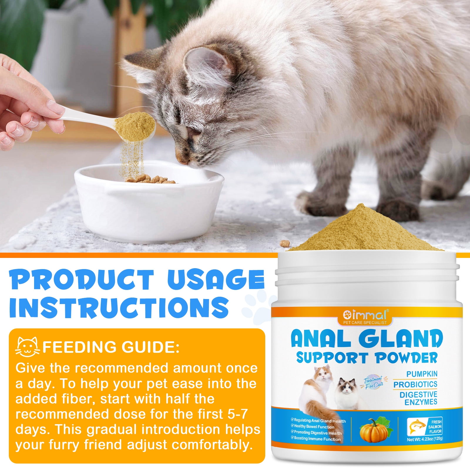 Oimmal Cat Anal Glands Powder with Pumpkin, Probiotics & Digestive Enzymes, for Healthy Anal Gland & Bowel Function - Boot The Scoot (Salmon Flavor, 120gX2pack)