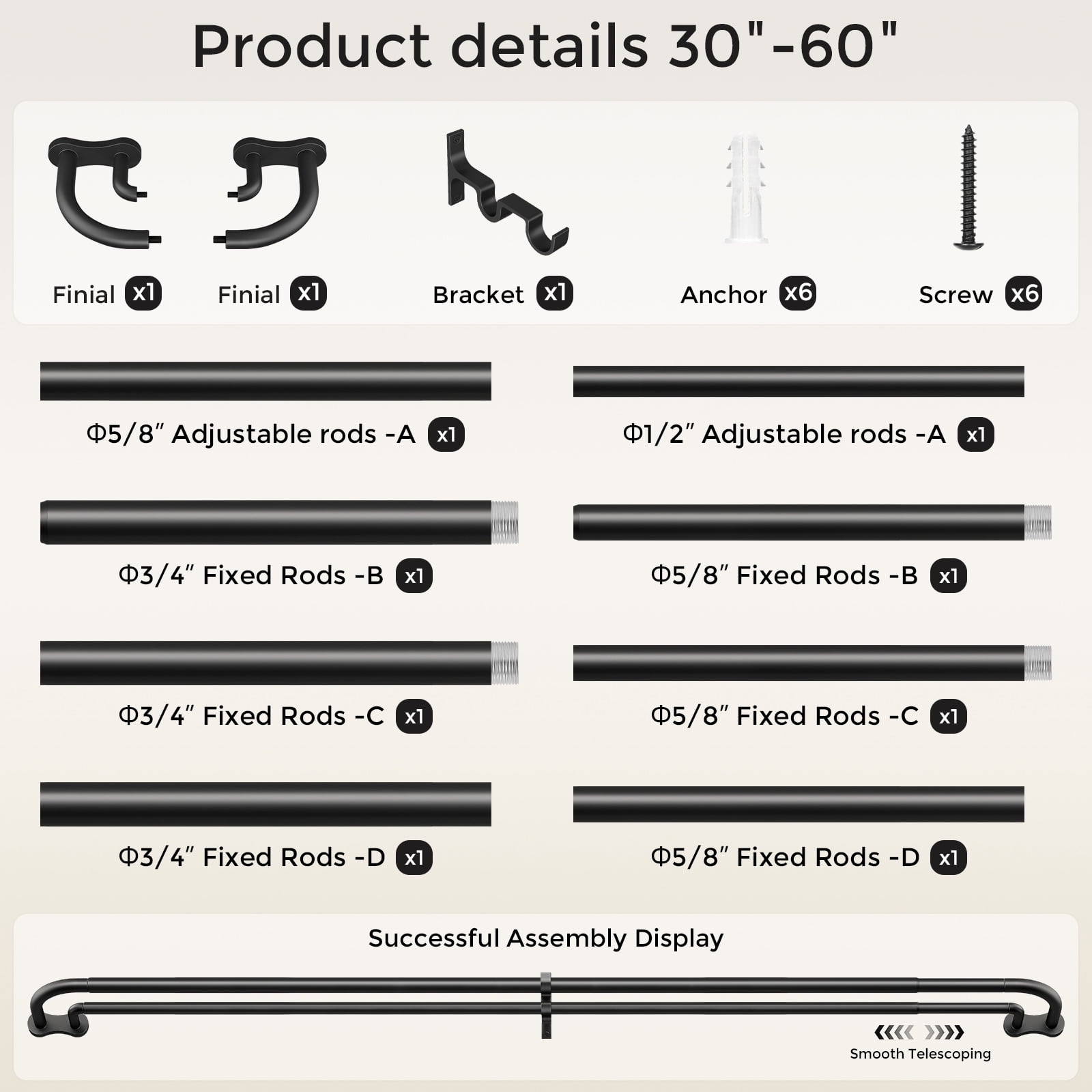 OLV Wrap Around Double Curtain Rods for Window,30-60 inch,Black