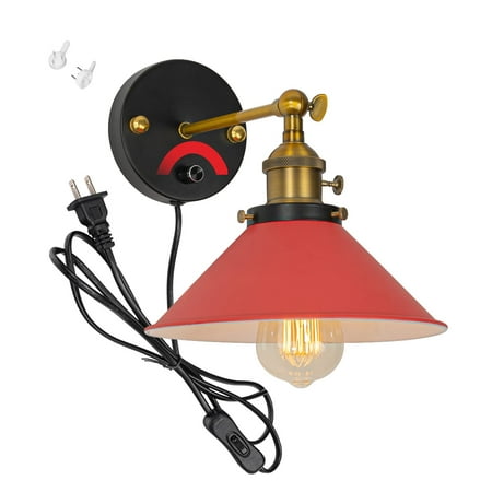 

FSLiving Antique Red Metal Wall Sconce with with Flexible Dimmable E26 Bulb Included Wall Lamp Lighting Fixture with 5.9ft Plug in Cord Small Nightstand Light for Dresser Bedroom - 1 Light