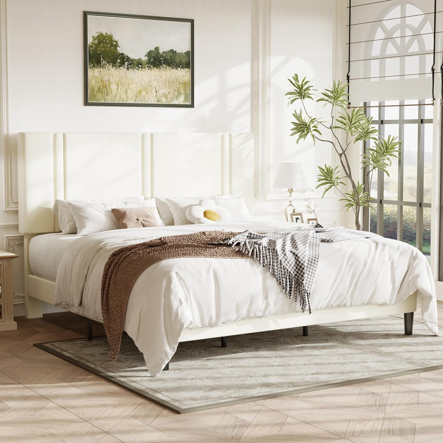 Allewie King Platform Bed Frame with Adjustable Headboard, Plush Velvet Upholstered, Vertical Channel Tufted, Sturdy Wooden Slats, No Box Spring Needed, Easy Assembly, Cream