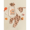 thumbnail image 3 of Baby Toddler Boys Girls Thanksgiving Outfits 0 3 6 12 18 Months Letter Print Rompers Pie Pumpkin Turkey Print Long Pants Hat Headband 4Pcs Clothes Set, 3 of 9