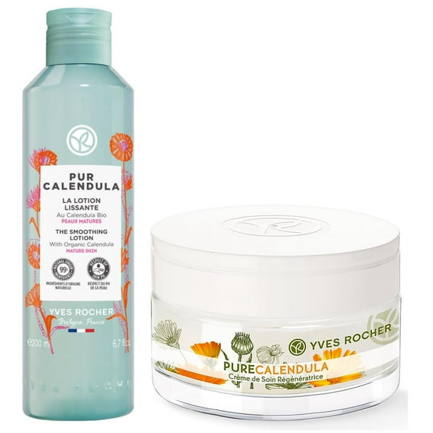 Set Facial Yves Rocher PURE CALENDULA: Loción Alisante y Crema Regeneradora Día/Noche
