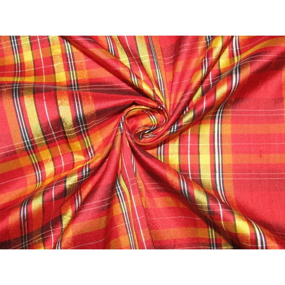 100% silk dupion red yellow plaids fabric 54quot; wide