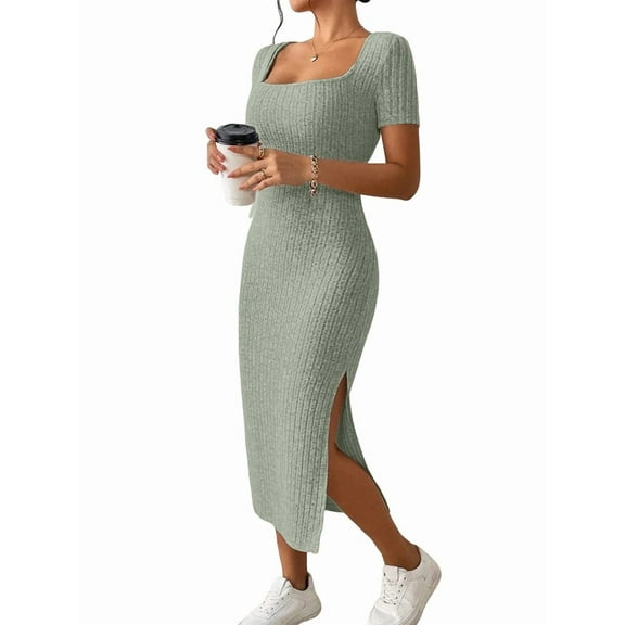 Women 2025 Summer Ribbed Short Sleeve Bodycon Maxi Dress Side Slit Knit Square Neck Long Sundress Green S