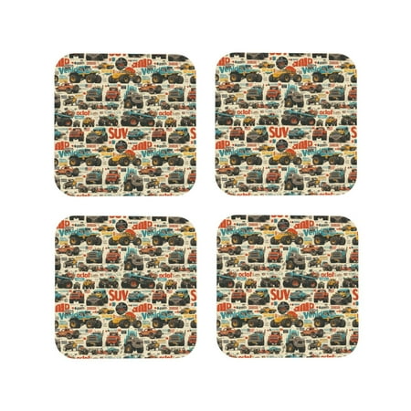 

Coasters Set of 4 - colorful SUV car Retro Drink Coasters for Tabletop Protection Leather Coasters for Living Room Decor and Housewarming Gift Square