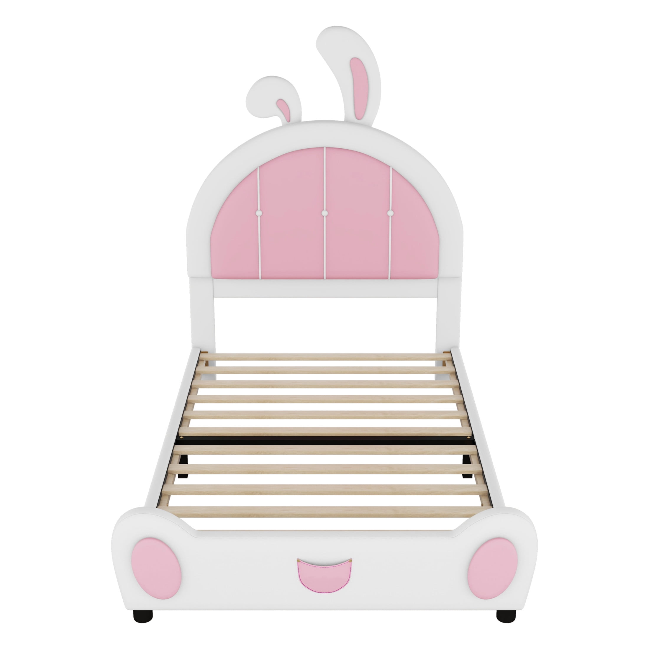 Noble House Collis Twin Upholstered Platform Bed, Rabbit Shaped Bunny Ear Headboard, PU Leather, White and Pink