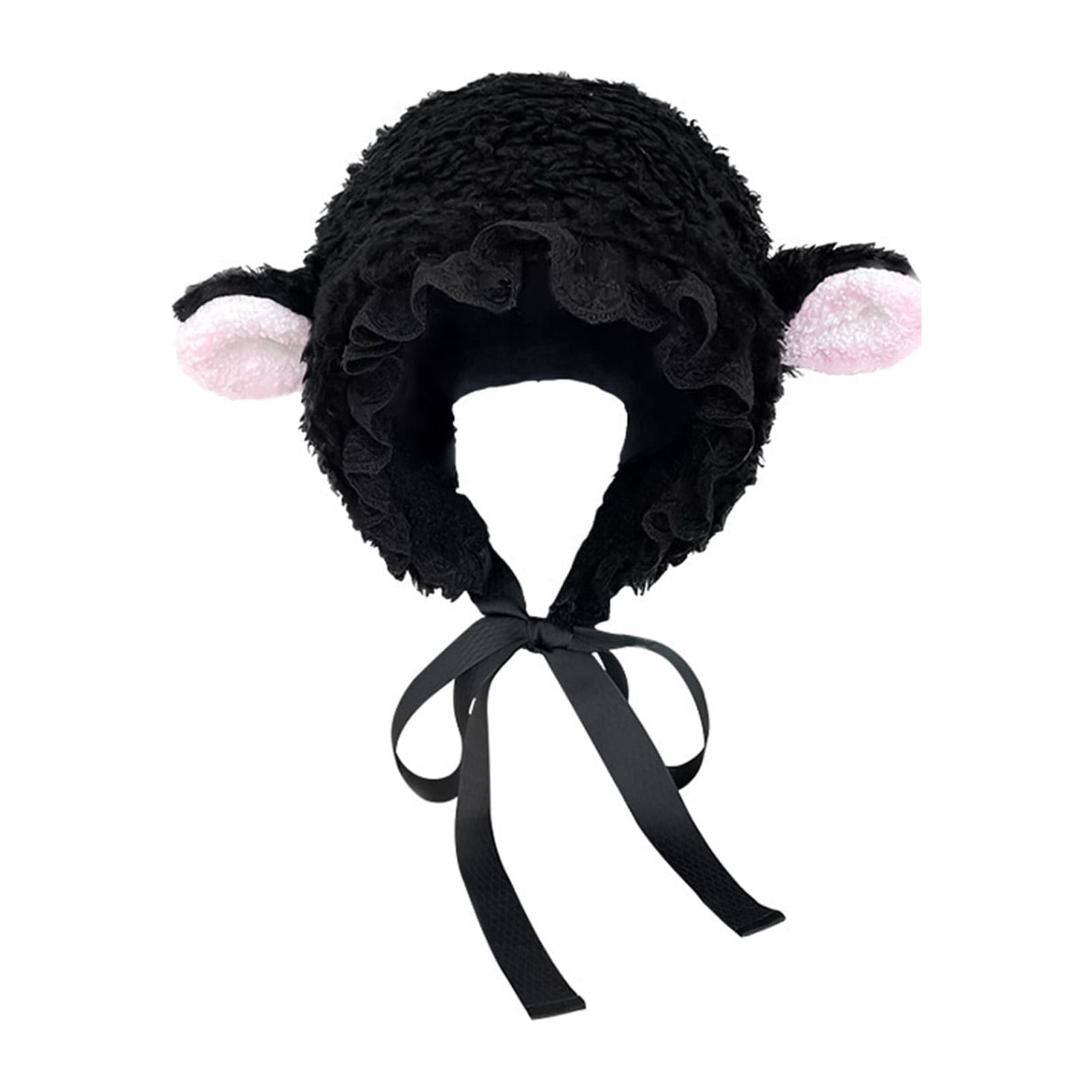 rygai Ladies Hat Photo Prop Sheep Ear Decor Solid Color Fluffy Thick Keep Warm Windproof Adjustable Winter Hat for Students,White