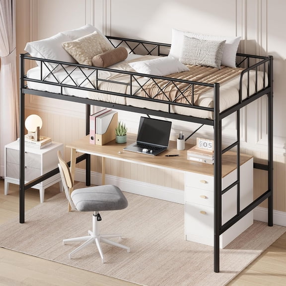 Loft Bed Twin Size with Arched Safety Guardrail & Safety Ladder, Heavy Duty Metal Frame with Sturdy Steel Slats, No Box Spring Needed, Space Saving for Compact Rooms, Matte Black