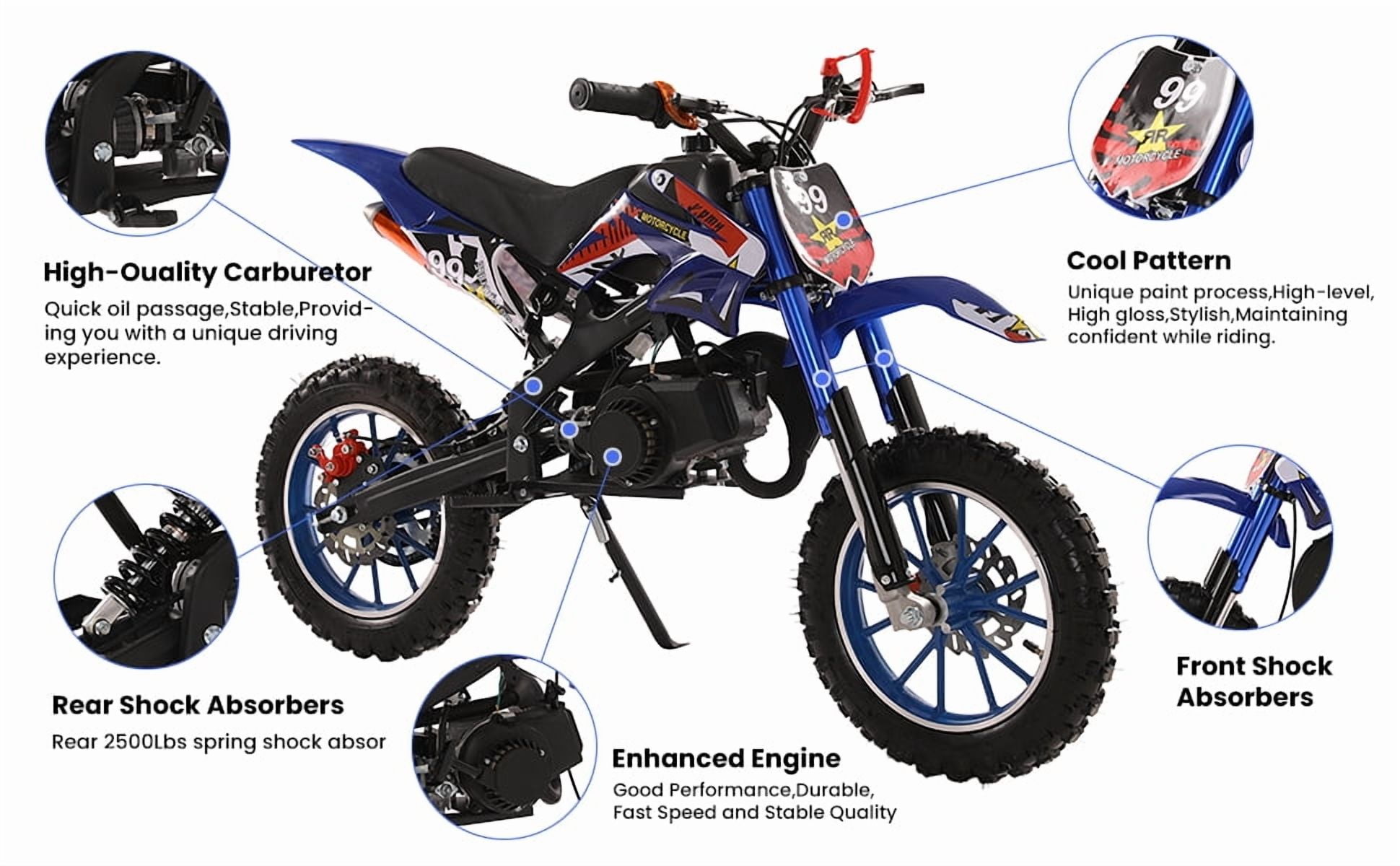 49cc 2-Stroke Kids Dirt Bike - 40KM/H Gas Powered Off-Road Motorcycle with Front/Rear Disc Brakes (Red)