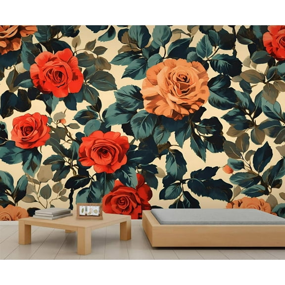 Red Rose Wallpaper Mural- Vintage Floral Wall Murals For Living Room Bedroom, Rose Mural 79"W x 55"H (Not Peel and Stick)
