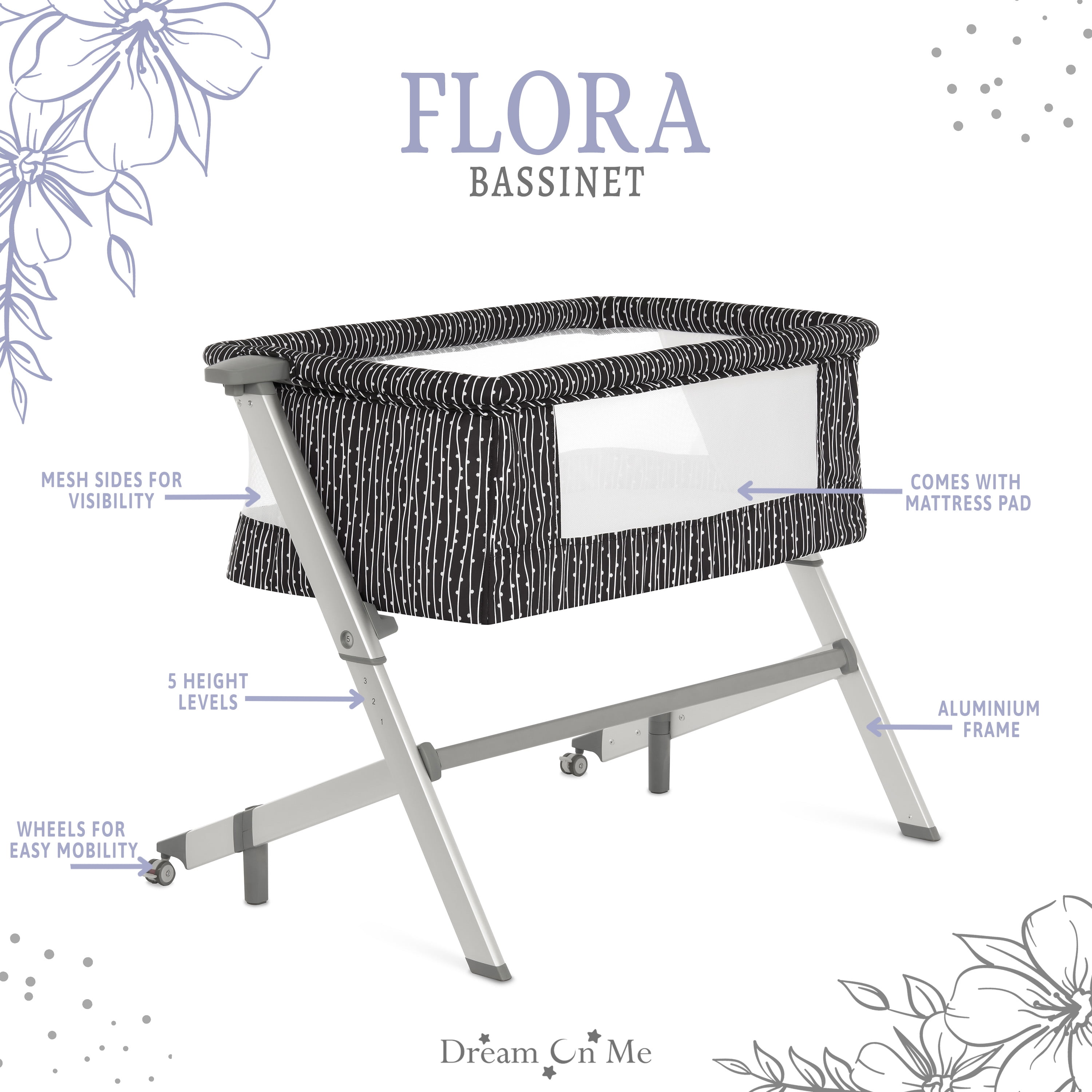 Dream On Me Flora Bassinet with Carry Bag , Compact & Modern, Black & White