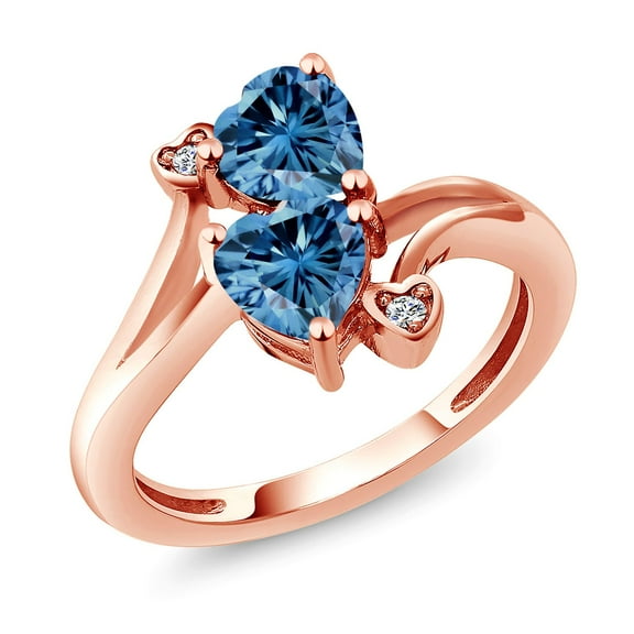 Gem Stone King 18K Rose Gold Plated Silver Persian Blue Moissanite and White Diamond Ring for Women (1.63 Cttw, Heart Shape 6MM, Gemstone Birthstone, Size 9)