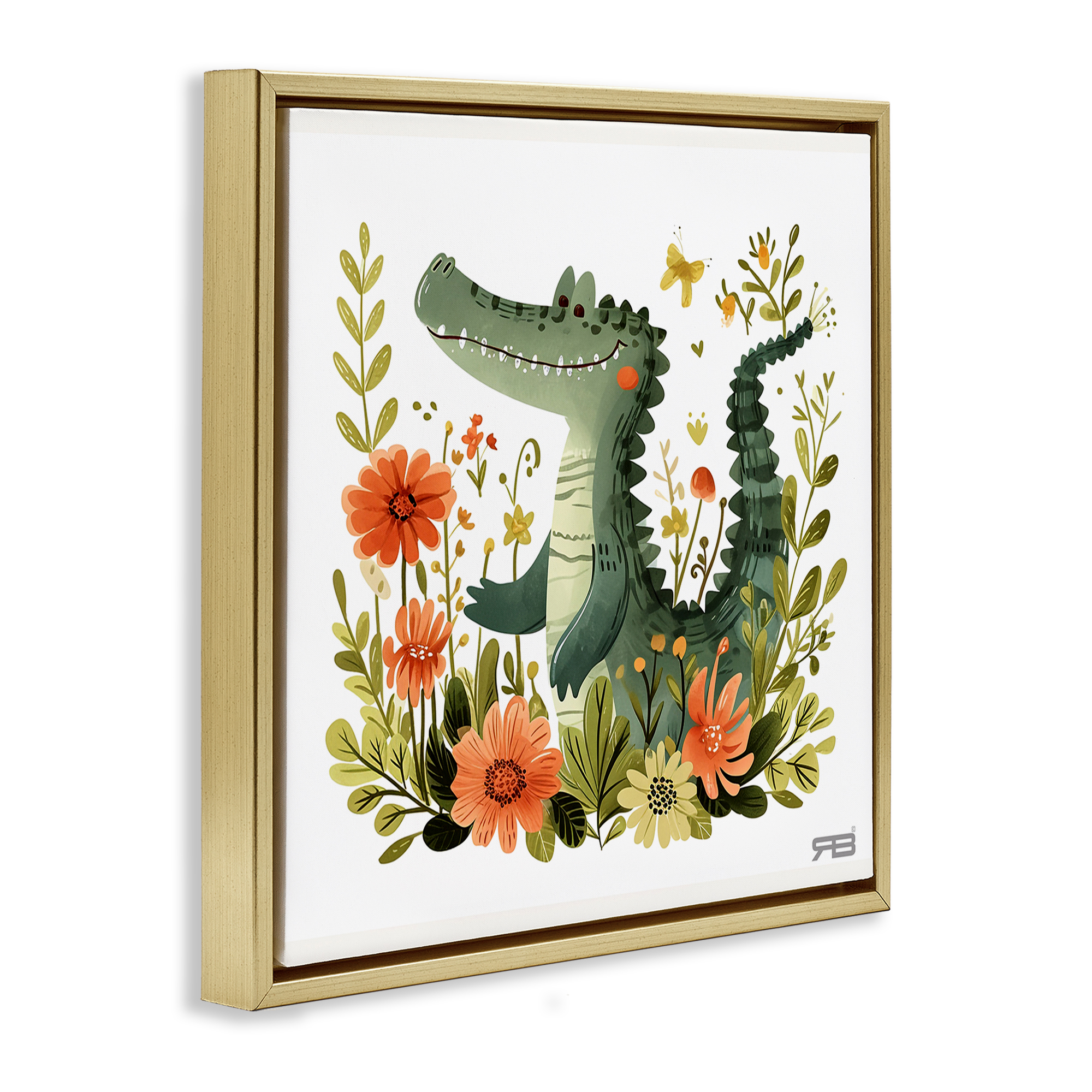 Stupell Industries Floral Happy Alligator Animals Painting Gold Floater Framed Canvas Art Print Wall Art, 25 x 25