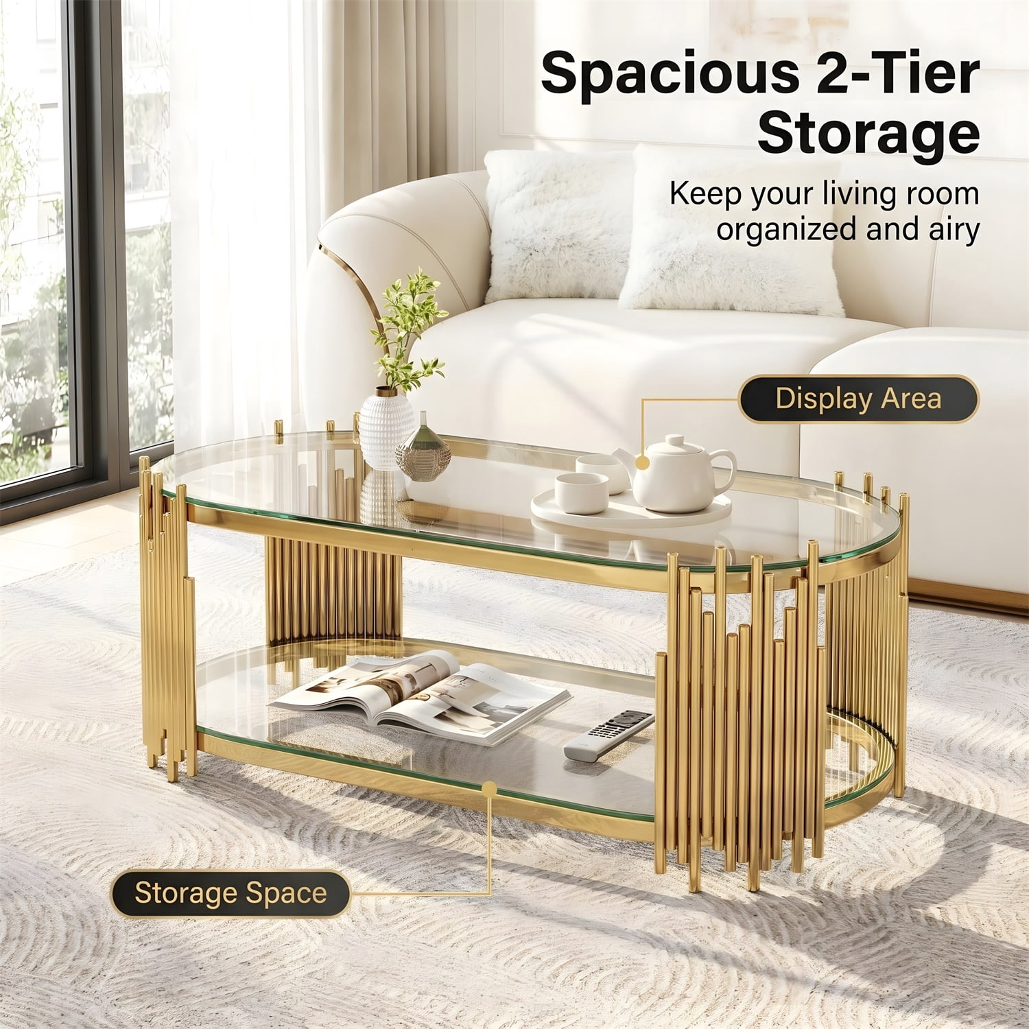 Hommoo Modern Oval Coffee Table with 2-Tier Tempered Glass Shelves, Stainless Steel Organ Pipe Base, Living Room Center Table, Gold