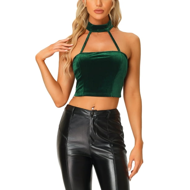 Camiseta sin mangas de terciopelo con cuello halter y espalda descubierta INSPIRE CHIC para fiestas de mujeres, top corto punk L Verde