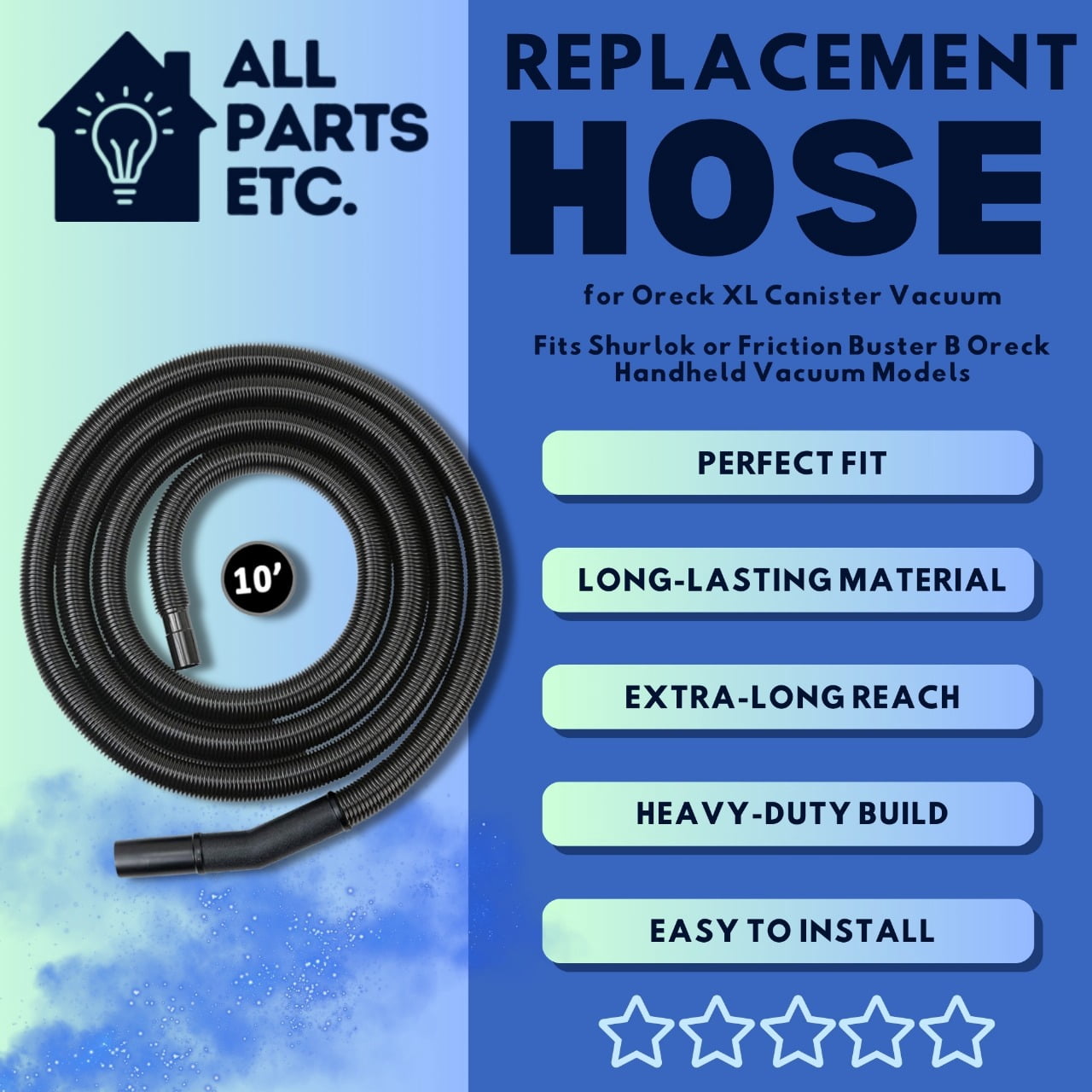 Replacement Hose  for Oreck XL Canister Vacuum Attachments, Fits Shurlok or Friction Buster B Oreck Handheld Vacuum Models, Hose for Oreck Parts and Accessories Non-Swivel 10 ft