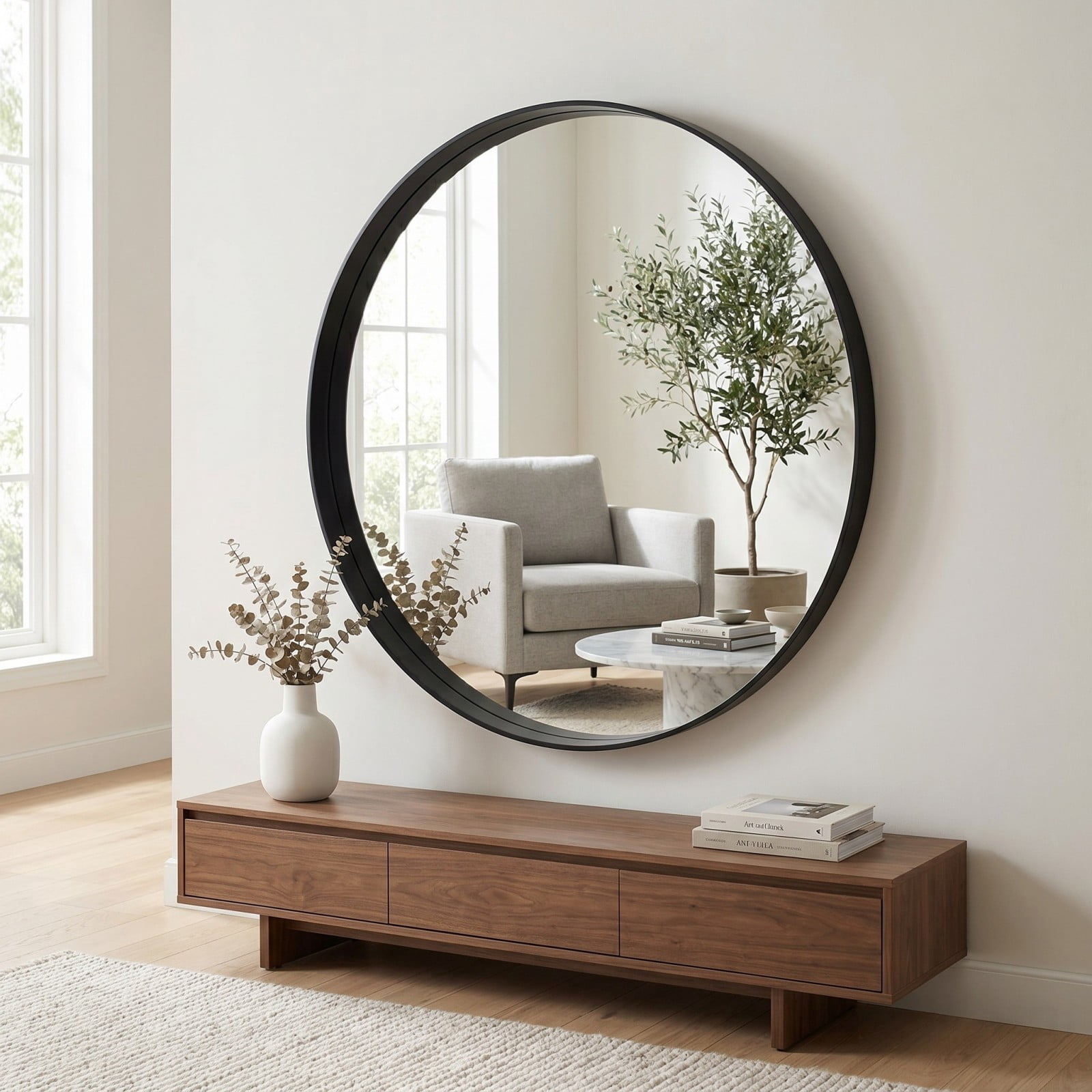GRAHMCY 30" Round Bathroom Mirror Vanity Wall Mounted Mirror with Deep Frame, Black