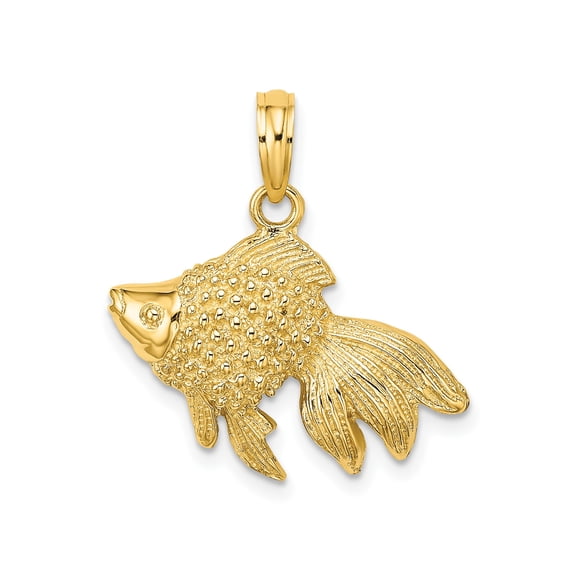 10k Yellow Gold Goldfish Pendant Charm, Polished Textured Fish Jewelry