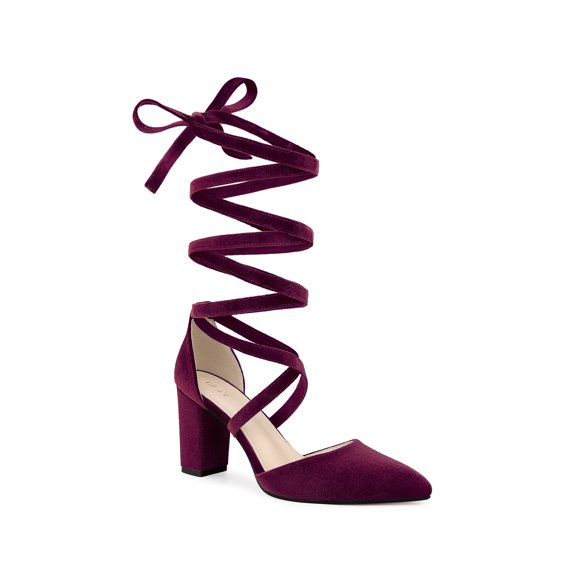 Allegra K Women's Velvet Lace Up Block Heels Pointed Toe Pumps Burgundy 9
