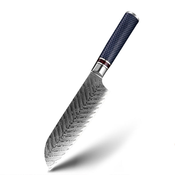 Cuchillo de Cocina Santoku Knife de 7 Pulgadas, Cuchillo para Carne de Acero Inoxidable con Damasco Falso con un Elegante Patrón Nico de Espina de Pescado, Mango de Resina Ergonómico, Azul