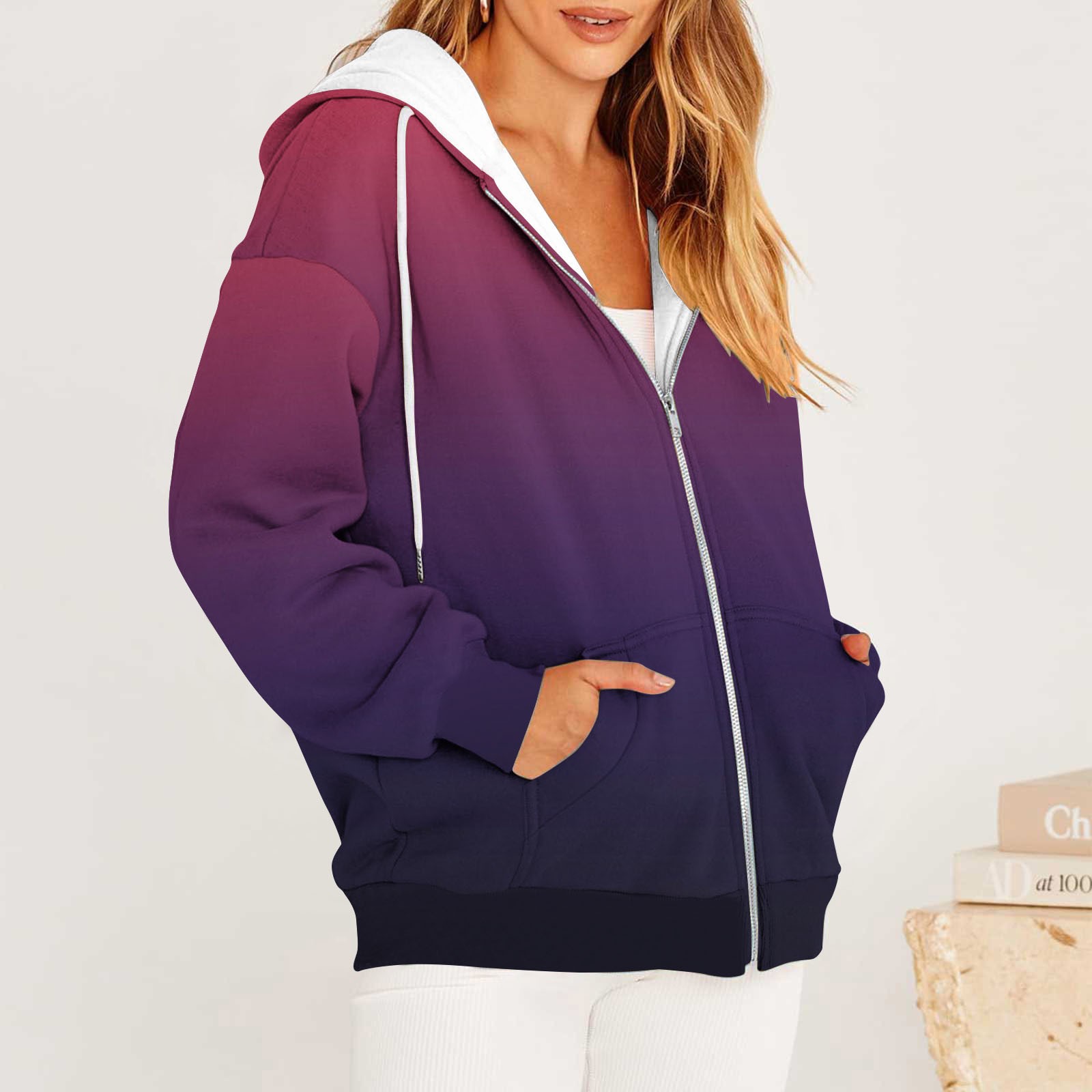 Women's Oversized Zip Up Hoodie - Lightweight Long Sleeve Casual Sweatshirt Jacket, Y2K Fall Winter Fashion