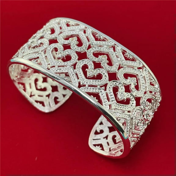 GKNET 925 Silver Bangles Bracelet Women Fashion Hollow Heart Big Bangle Charm Jewelry