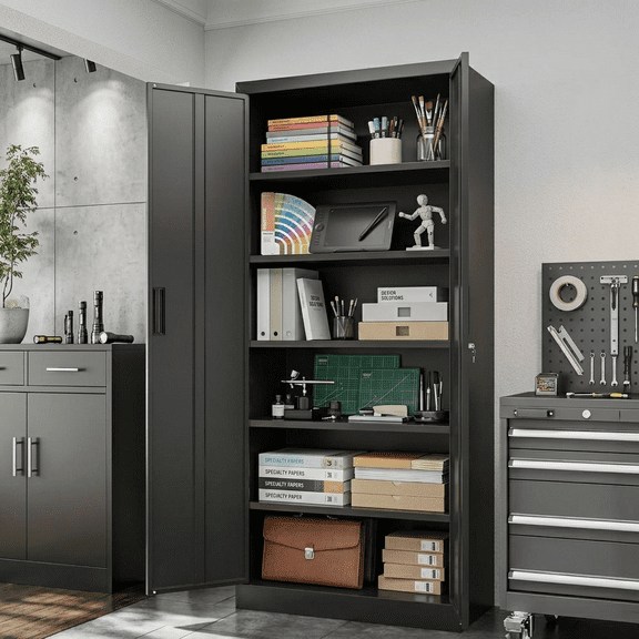 71" Metal Storage Cabinet with 2 Doors and 5 Adjustable Shelves, Locking Steel Garage Cabinet, Heavy Duty Organizer for Tool, Home Office, Pantry, Utility Room, Black