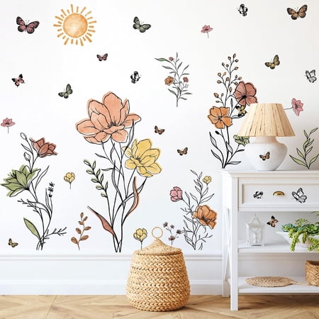 Boho Flower Wall Decals Watercolor Floral Line Stickers for Living Room | removable, vinyl art mural, peel and stick, wall sticker, modern leaves butterflies, for girls bedroom office home decoration
