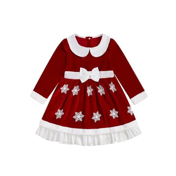 Miaouyo Kids Baby Girl Velvet Christmas Dress 1T 2T 3T 4T 5T Snowflake Doll Collar Long Sleeve A-line Ruffle Dress
