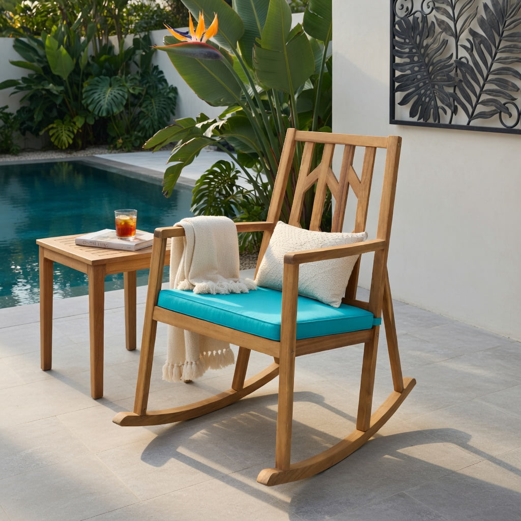 Hommoo Acacia Wood Patio Rocking Chair Sofa with Removable Turquoise Cushion, Outdoor Garden & Deck Rocker for Backyard, Poolside, or Porch, Turquoise