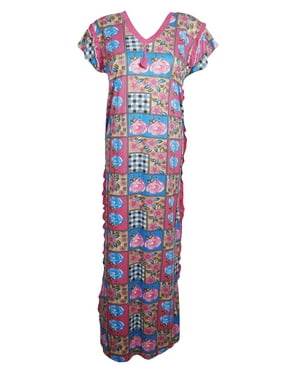 Mogul Women's Boho Fashion Maxi Dress Indi Pink Blue Floral Print Sleepwear Cover Up Housedress Nightwear Dresses L
