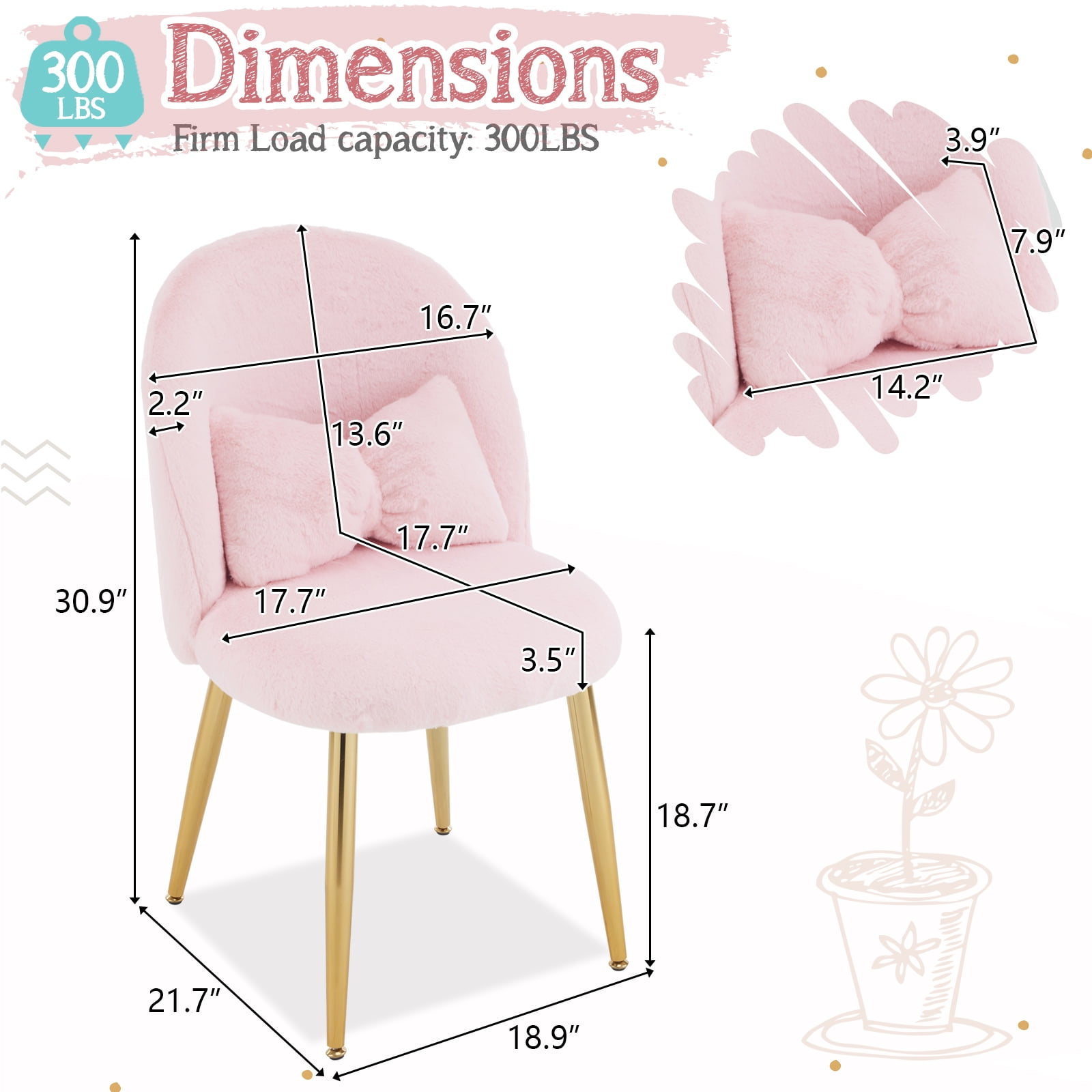 Zimtown Vanity Makeup Chair Armless Home Office Chair for Bedroom or Study Faux Rabbit Fur, Pink