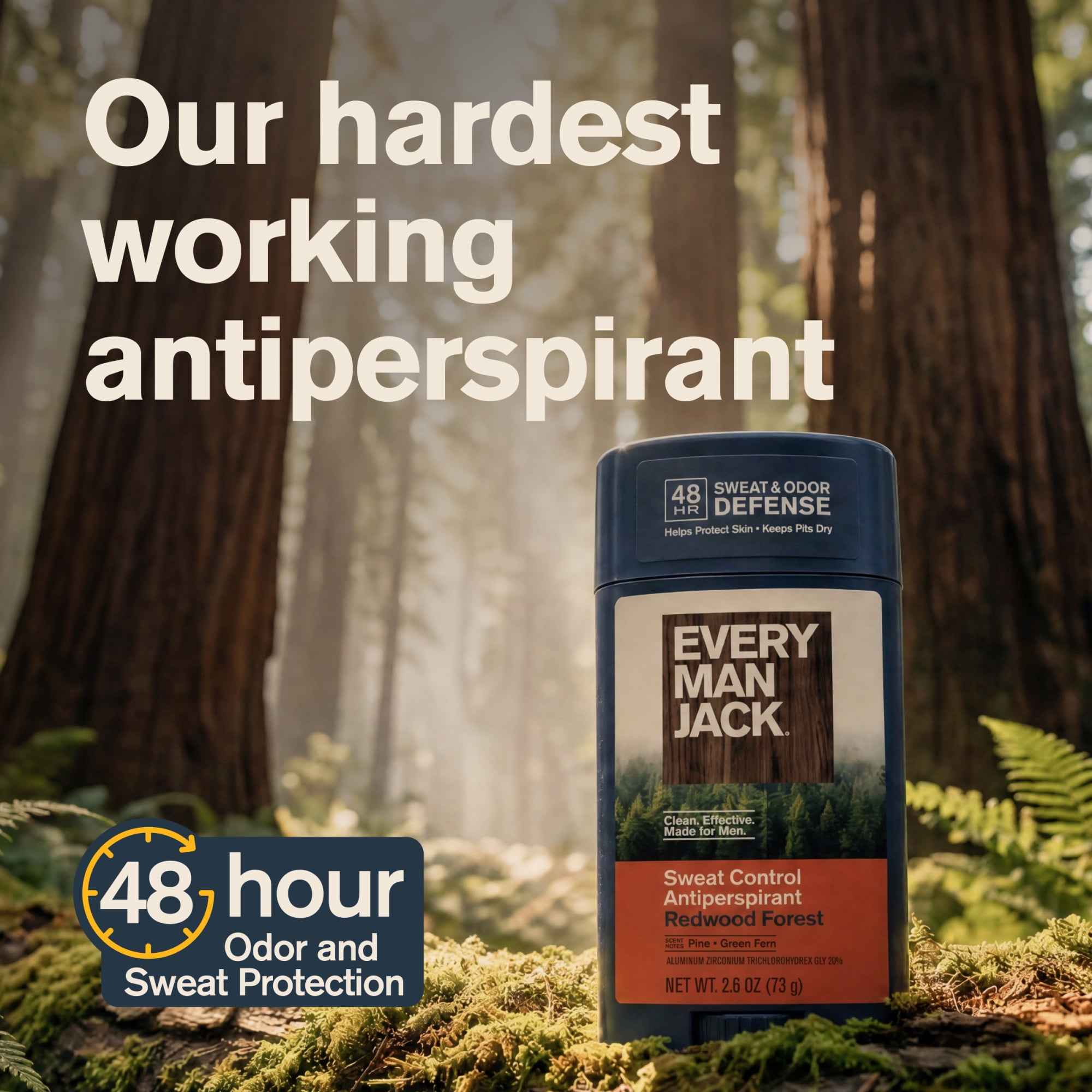 Every Man Jack Redwood Forest Antiperspirant Deodorant – Smooth Glide, 48-Hour Odor & Sweat Defense, 2.6 oz