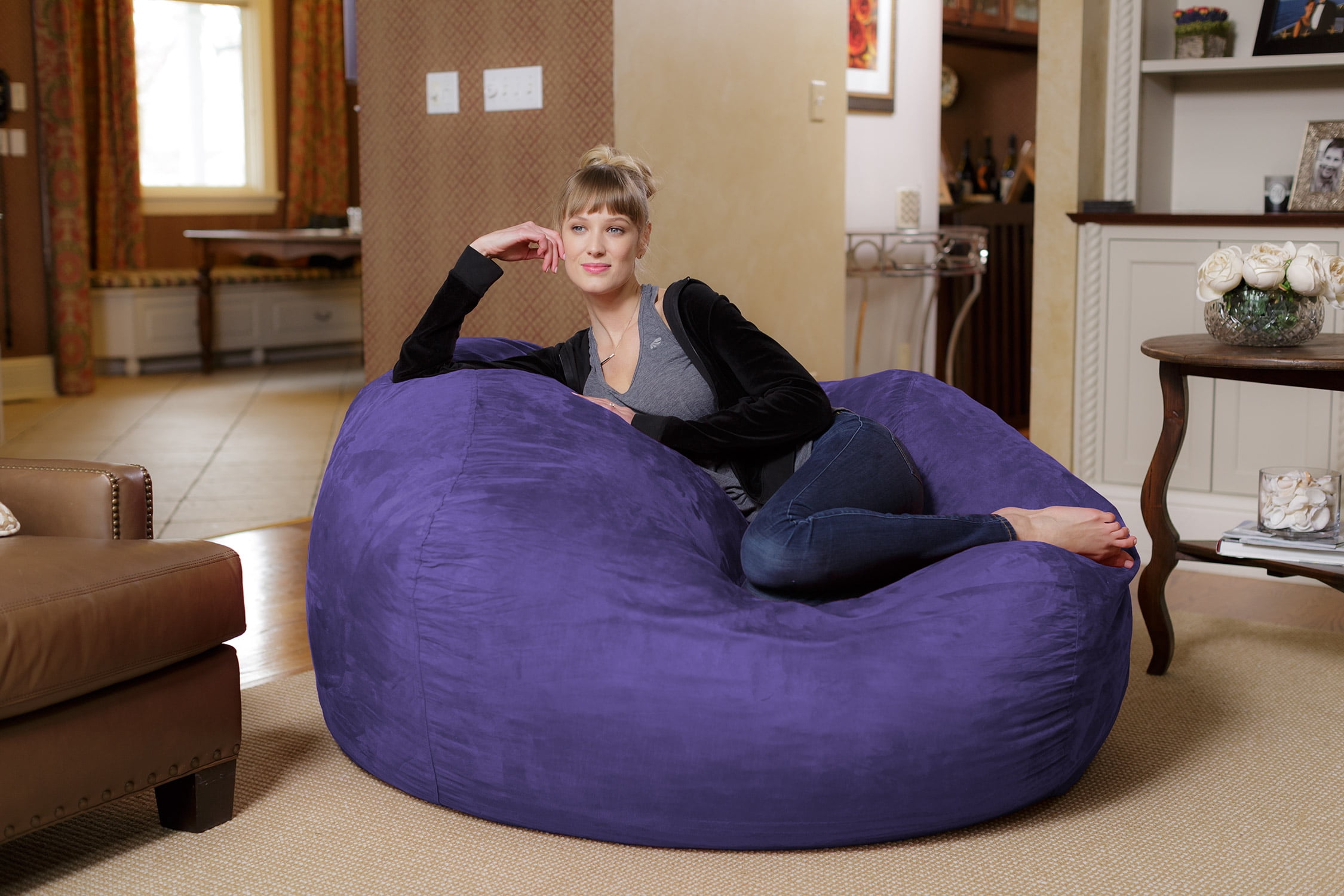 Chill Sack Bean Bag Chair, Memory Foam Lounger with Microsuede Cover, Kids, Adults, 5 ft, Purple