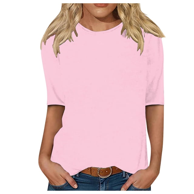 T-Shirt Basique Femme Col Rond Manches 3/4 Blouse Imprimée Confortable Hauts Dames Rose m