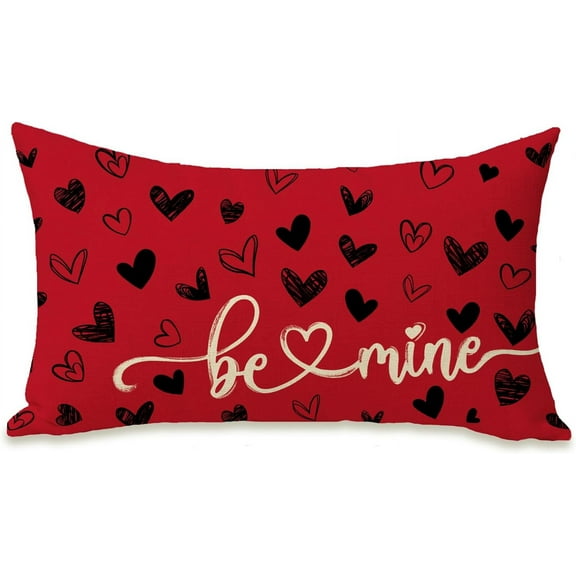 Valentine''s Day Red Lumbar Decorative Rectangle Pillow Cover 12 x 20, Be Mine Black Love Hearts Porch Patio Outdoor Pillowcase, Anniversary Wedding Holiday Couch Cushion Case Home Decor