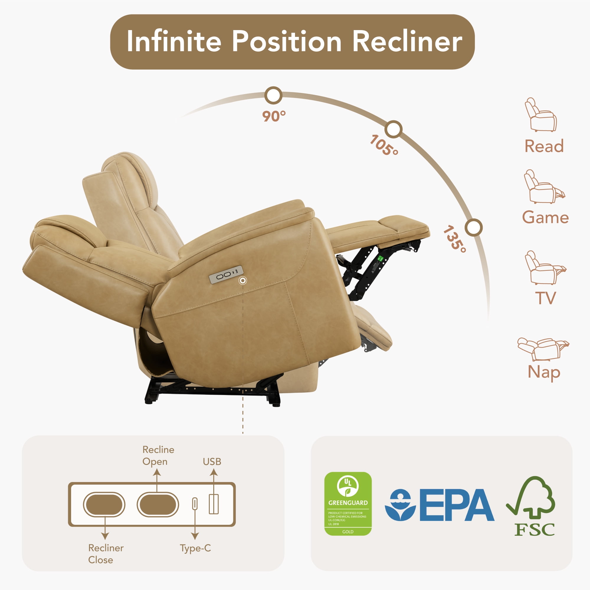 Spruce & Spring Zero Gravity Power Recliner Chair for Living Room, Tan