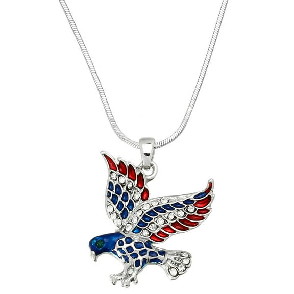 USA American Eagle Pendant Necklace Rhinestone Crystal Rhodium Plated 17 Inch Snake Chain J0330