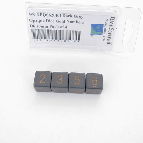 Dark Grey Opaque Dice with Gold Numbers D6 Aprox 16mm (5/8in) Pack of 4 Wondertrail