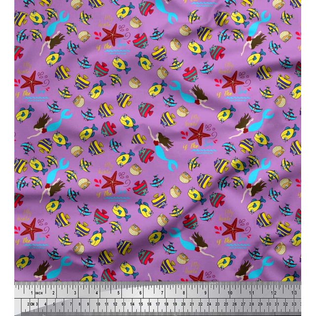 Soimoi Moss Georgette Fabric Fish,Mermaid & Starfish Ocean Fabric Prints by Yard 42 Inch Wide