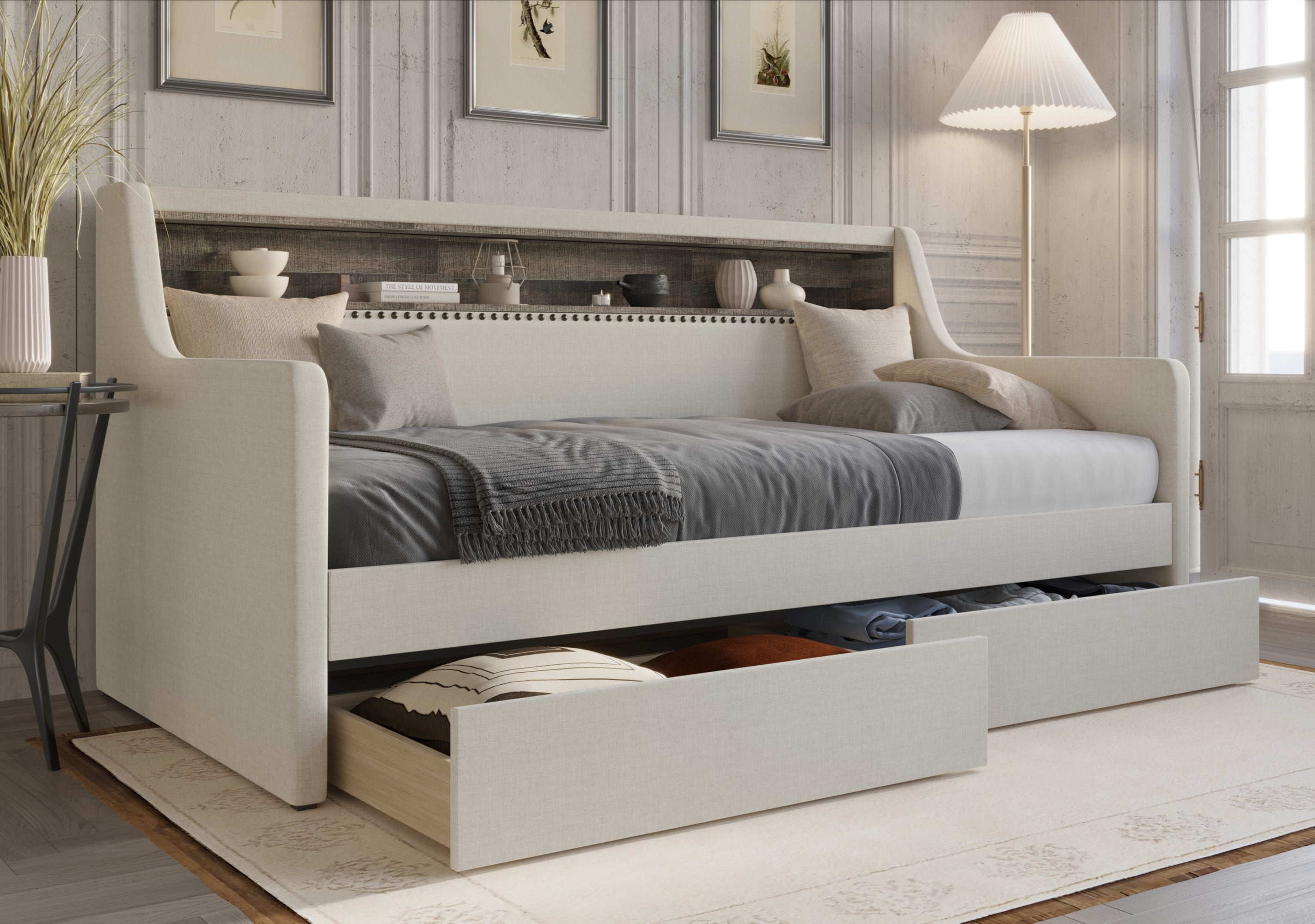 Home Design Brianna Twin Daybed with Upholstered Frame, Nailhead Trim, Built-In Storage with Two Drawers, Stylish Seating and Sleeping Solution, Warm Gray