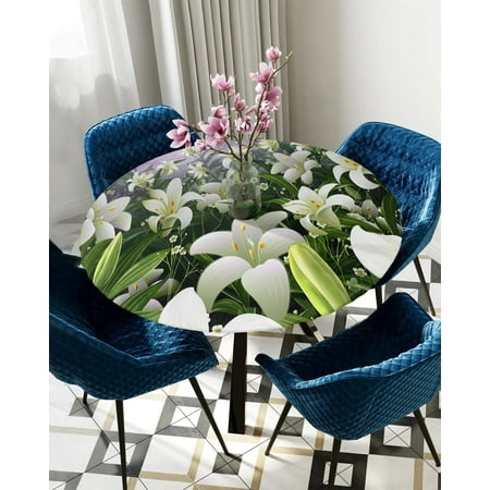 

Tablecloth Round Fitted Plant White Flowers Art Elastic Edged Table Cover Protector Cloth Waterproof Polyester Rectangle