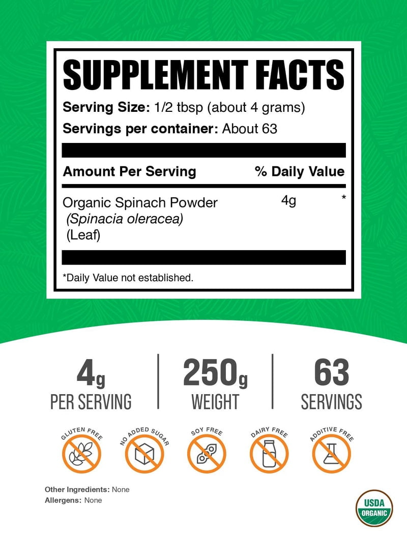 BulkSupplements Organic Spinach Powder - Spinach Supplement, Spinach Powder Organic - Green Superfood, Vegan & Gluten Free - 4g per Serving, 250g (8.8 oz)