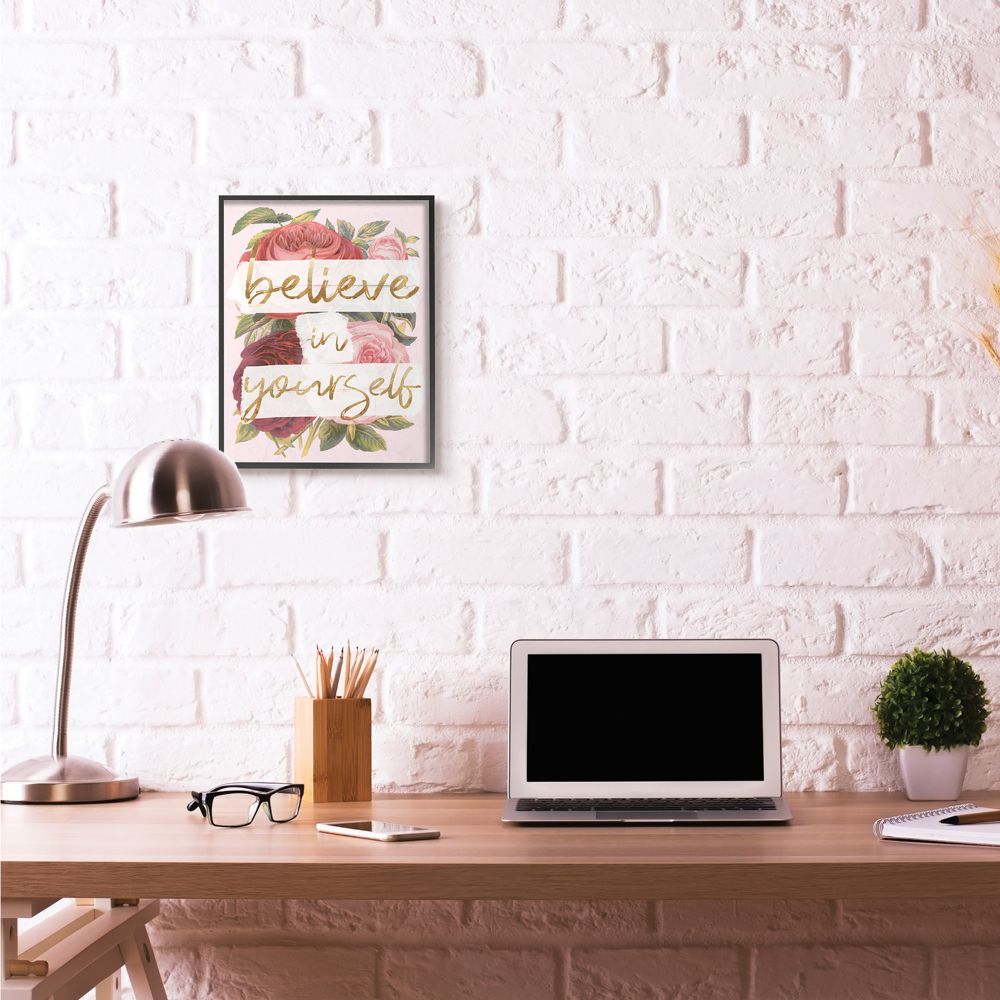 Believe In Yourself Pink Gold Rose Word Design Oversized Framed Giclee Texturized Art by Daphne Polselli