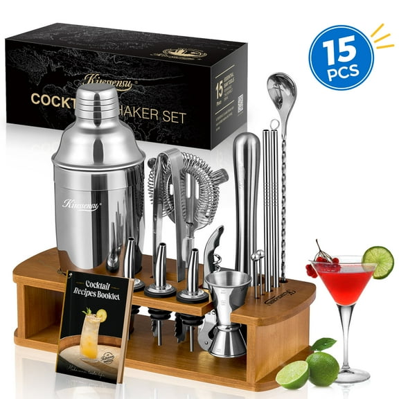 Cocktail Shaker Set Bartender Kit, 15Pcs Stainless Steel Drink Mixer Set, Bar Set with Bar Accessory Tools: Martini Shaker, Jigger, Strainer, Mixer Spoon, Muddler, Liquor Pourers-Silver