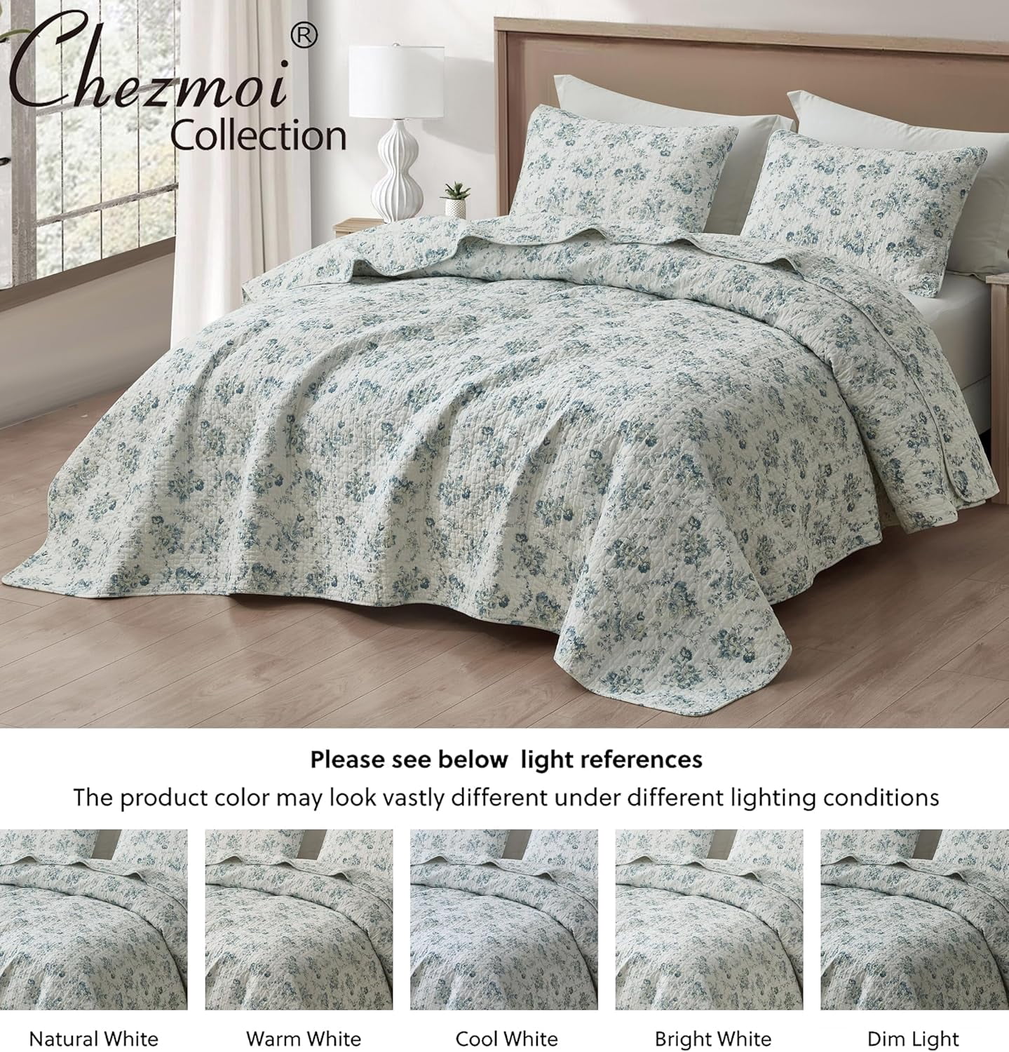 Chezmoi Collection Gigi 3-Piece Printed Floral Cotton Quilt Set Oversized King Size, Elegant Blue Ivory White Floral Flower, Stone Washed Cotton Breathable Lightweight Bedspread Set