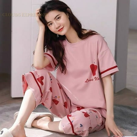 

QWZNDZGR Summer Knitted Cotton Floral Pajamas Set Women Pyjamas Elegant Sleepwear Nightwear Pijama Mujer Plus Size Calf-Length Pants Home