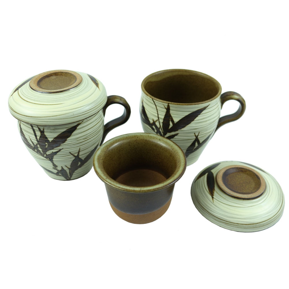 Lid & filter Green tea Korean x 2 Ceramic Porcelain Tea Cup infuser Saucer 