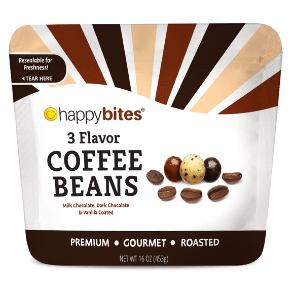 Happy Bites 3 Flavor Covered Coffee Beans (16 oz) - Milk Chocolate, Dark Chocolate, & Vanilla Coated